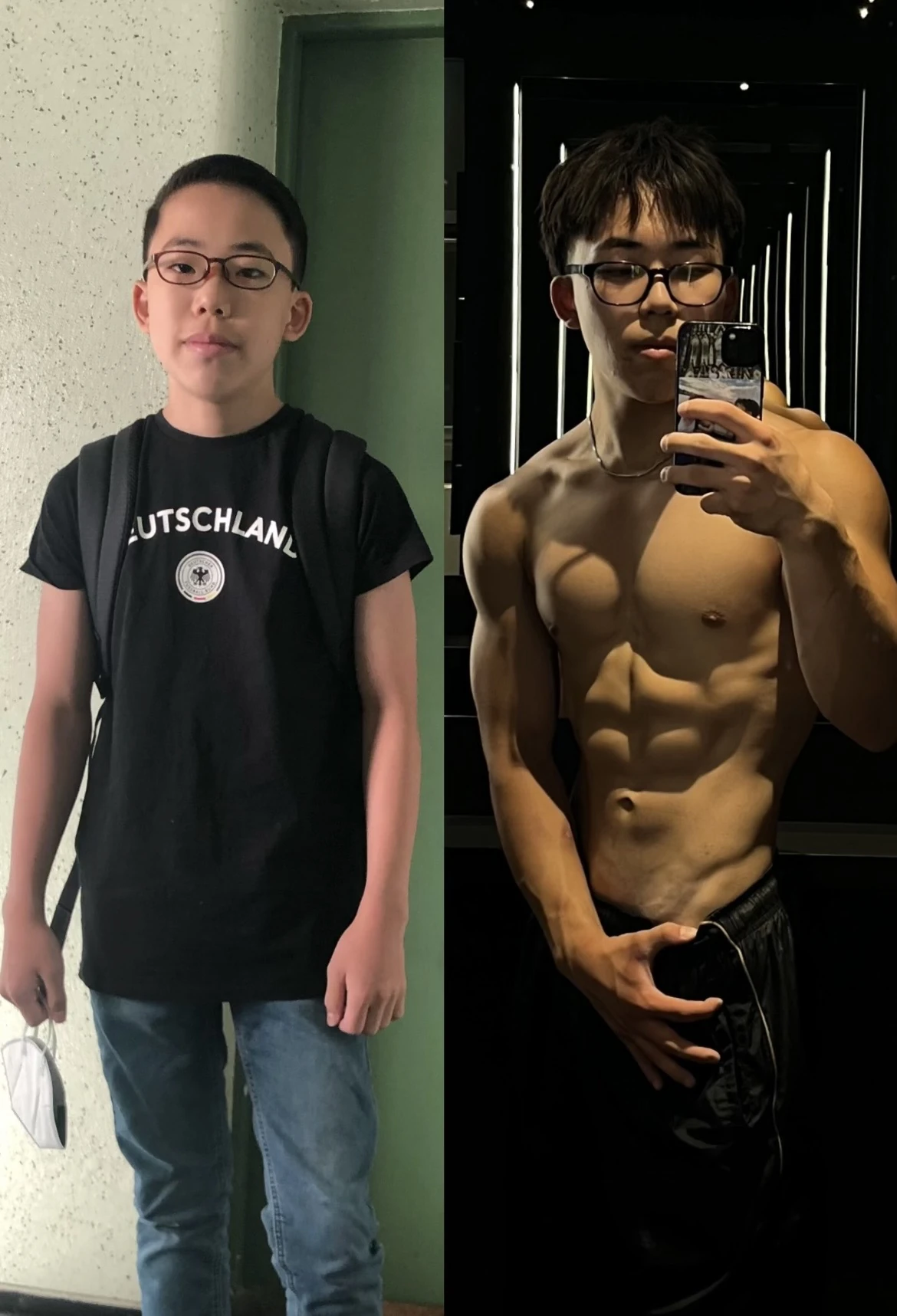Ako’s own Physique progress; before left, after right.
