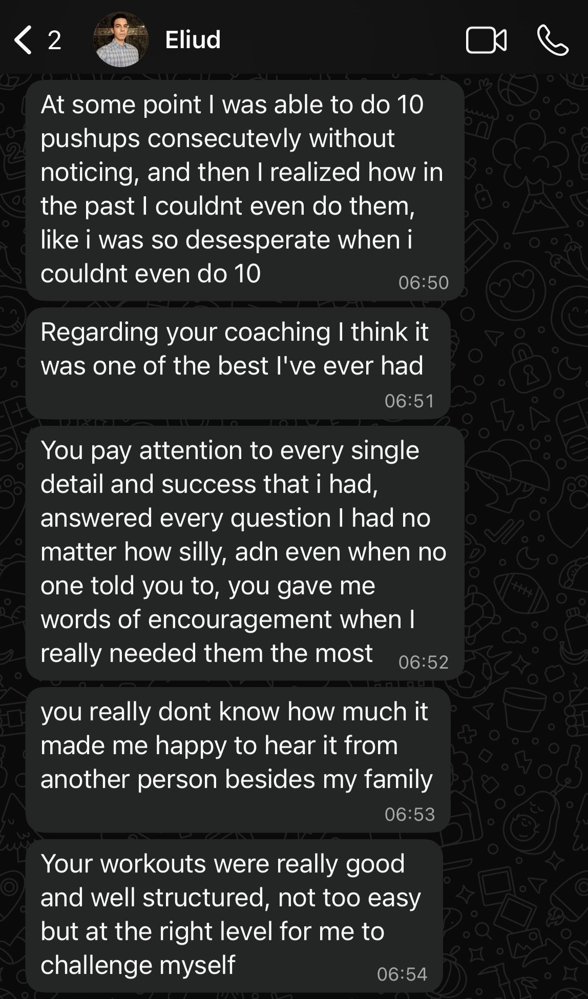 WhatsApp screenshot from Eliud at 06:50–06:54, describing push-up progress, detailed coaching support and well-structured workouts at the right level.