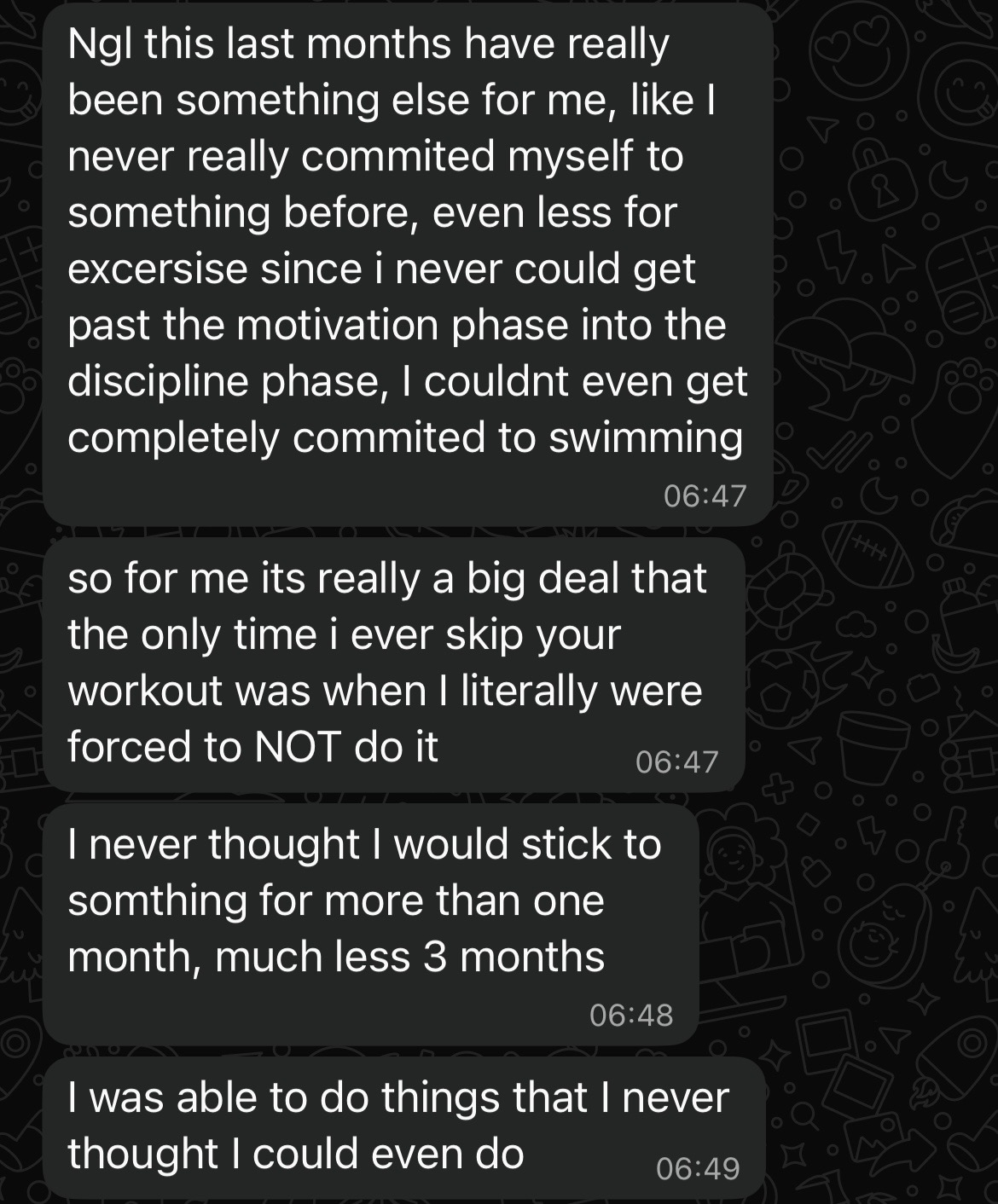 WhatsApp message excerpts from Eliud at 06:47–06:49, describing consistent training and achieving things he did not think he could do.